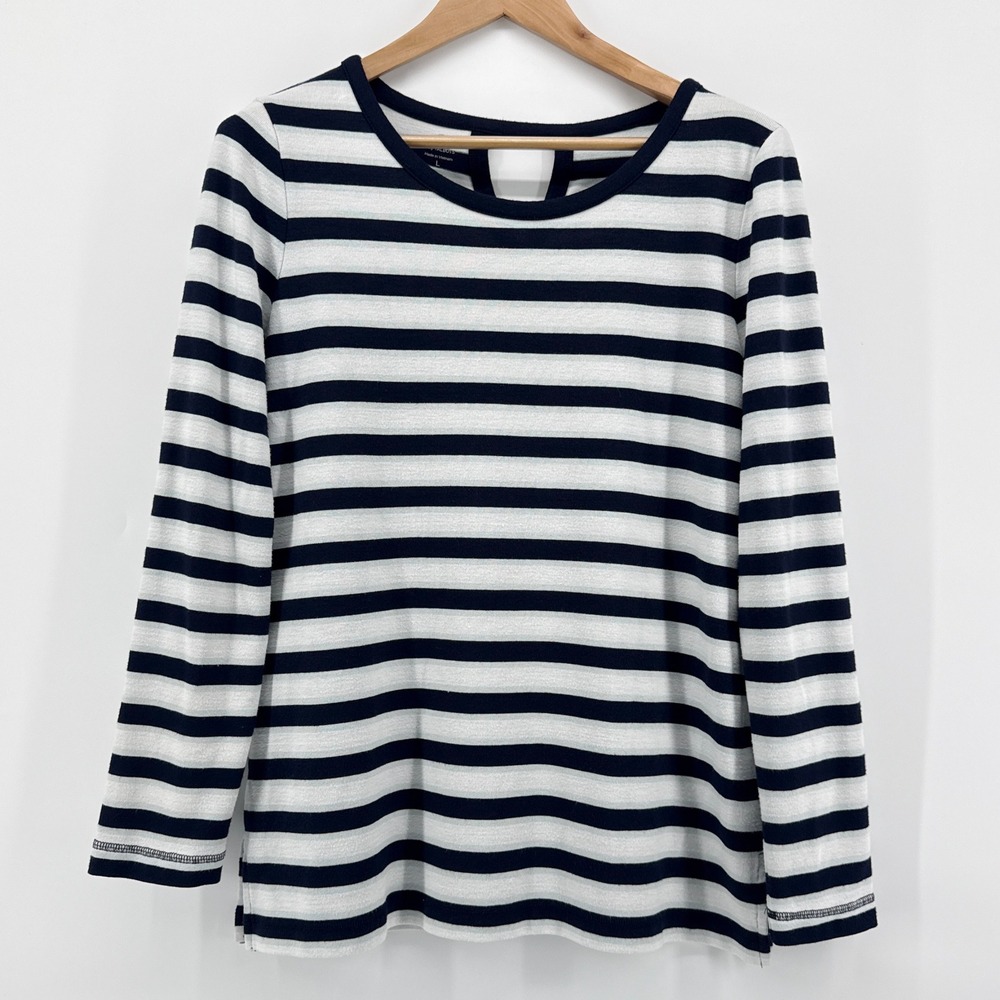 T by Talbots Womens Large Navy White Striped Long Sleeve Keyhole Back Top